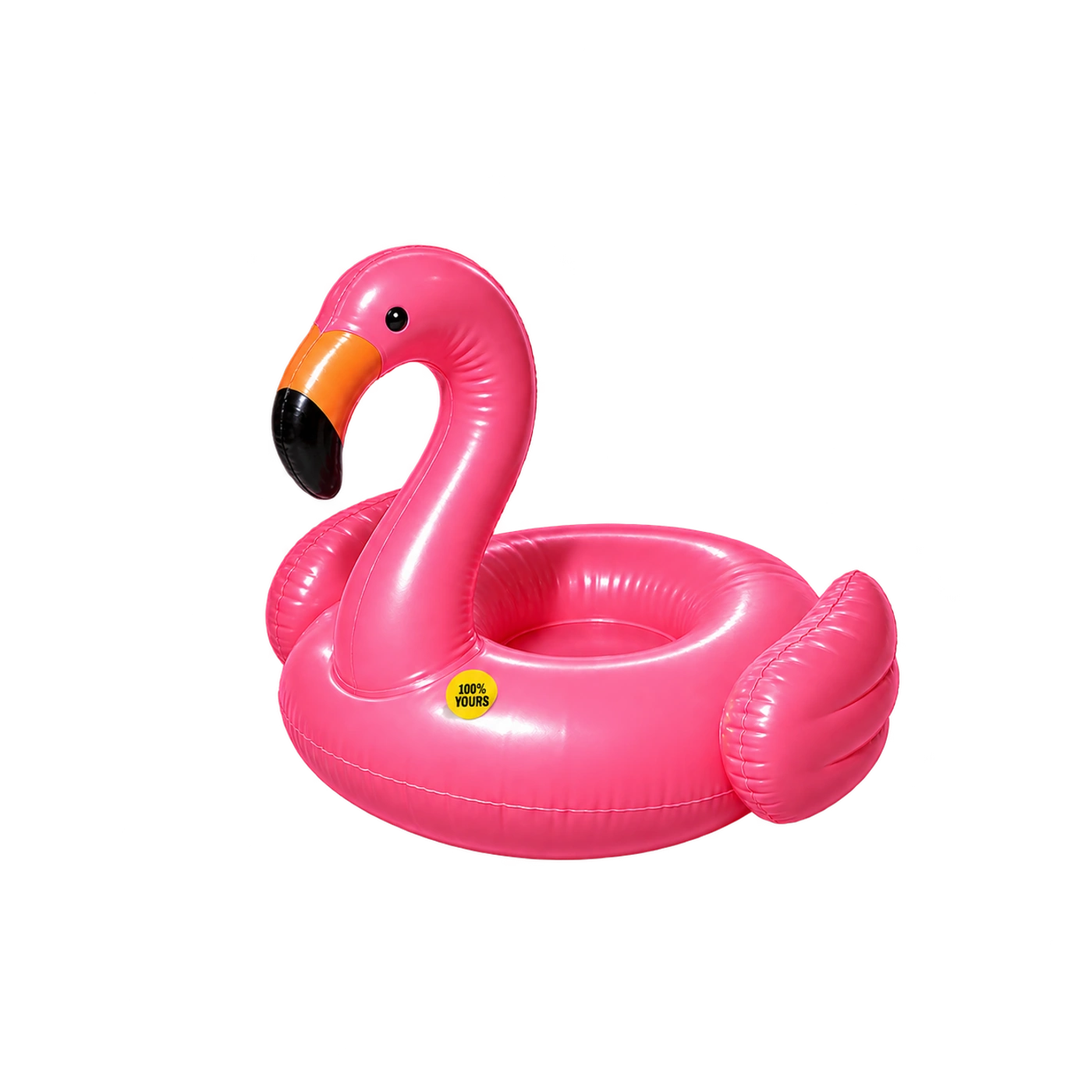 A pink inflatable flamingo pool float with a yellow 100% yours sticker.