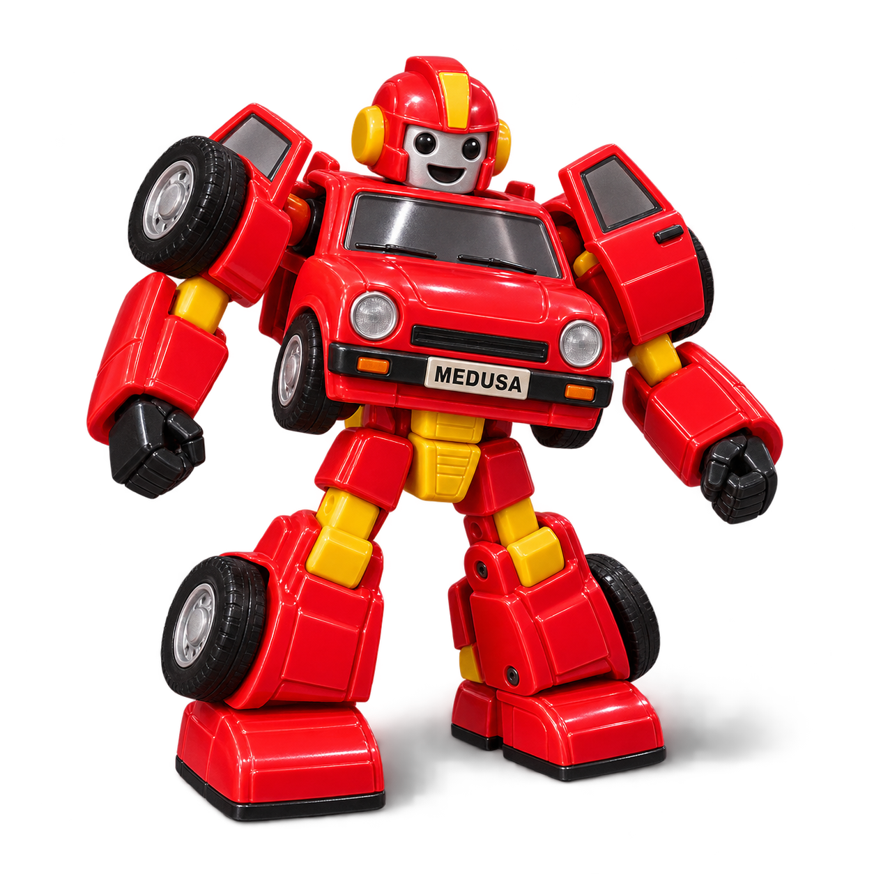 A colourful toy vehicle transforming into a robot, with chunky wheels and a natural shadow.