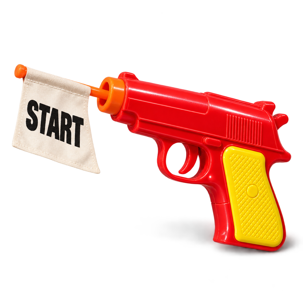 A colourful vintage toy starter pistol with a cream START flag and its natural shadow.