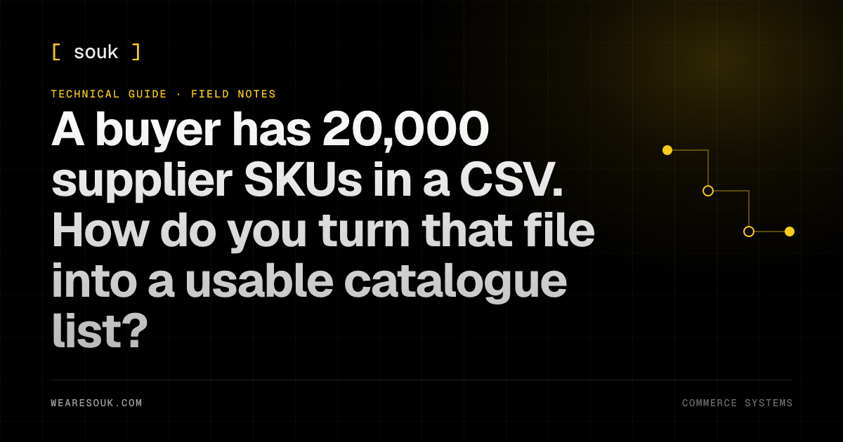 We Are Souk article cover: A buyer has 20,000 supplier SKUs in a CSV. How do you turn that file into a usable catalogue list?